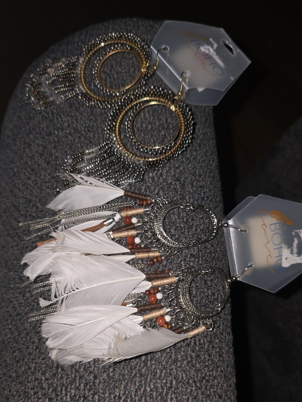 NWT Boho Silver Tone and White Feather Hoop Earrings -& Beaded Earrings